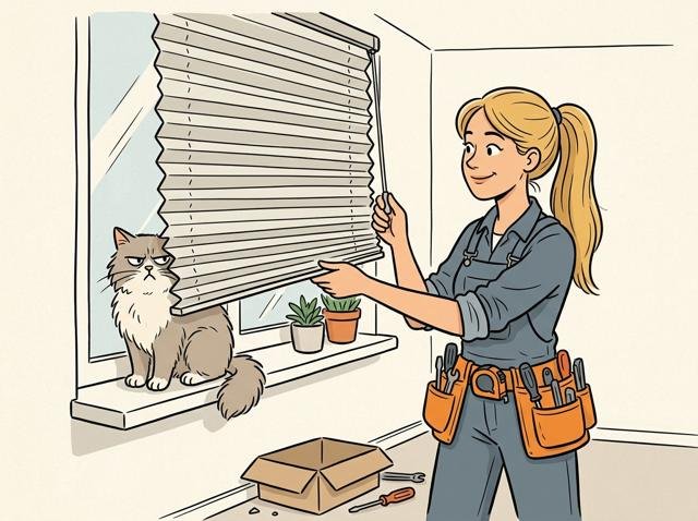 Heimwerkerin zieht zufrieden das neue Plissee herunter – auf der Fensterbank dahinter sitzt die Katze und guckt beleidigt, weil ihr Aussichtsplatz plötzlich halb verdeckt ist.