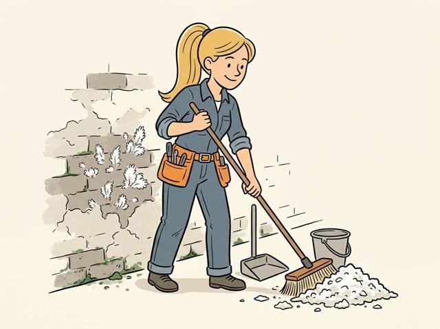 Hausbesitzer kehrt stolz einen Berg weißer Kristalle zusammen, während hinter seinem Rücken auf der Wand schon neue kleine Salzbärte sprießen.