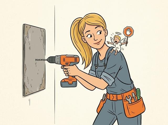 Heimwerkerin hält die Bohrmaschine schon an die alte graue Platte, während ihr ein kleiner Engel auf der Schulter mit einem Stoppschild winkt.
