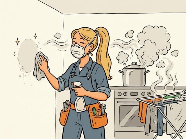 Heimwerker mit Maske und Sprühflasche hat den kleinen Schimmelfleck entfernt, dahinter ziehen aus dem dampfenden Kochtopf und dem trocknenden Wäscheständer schon neue Dampfwolken zur Wand.