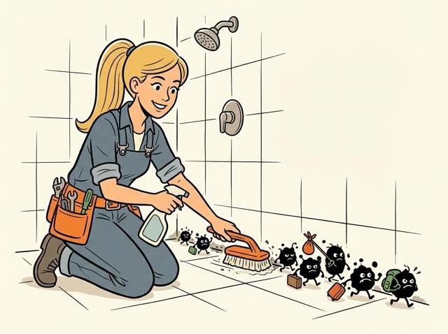 Eine Person reinigt die Duschfuge, während winzige schwarze Schimmelpünktchen mit Koffern aus der Fuge ausziehen.