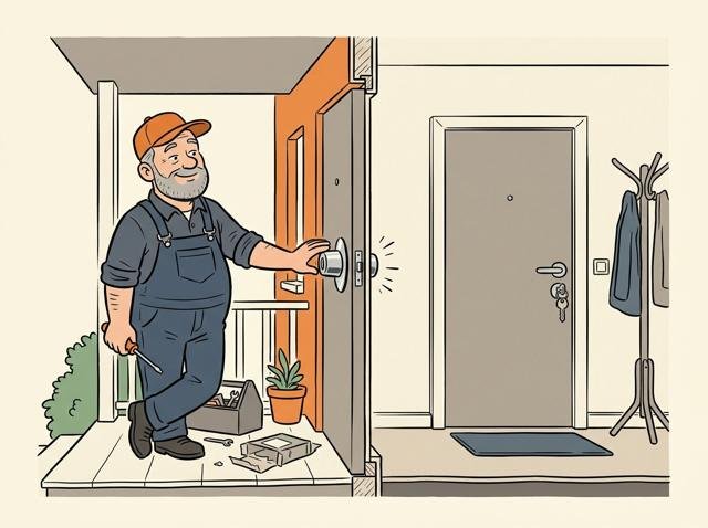 Heimwerker testet den neuen Schließzylinder voller Stolz von außen – und hinter ihm fällt die Tür mit einem leisen Klick ins Schloss, während der Schlüssel innen steckt.