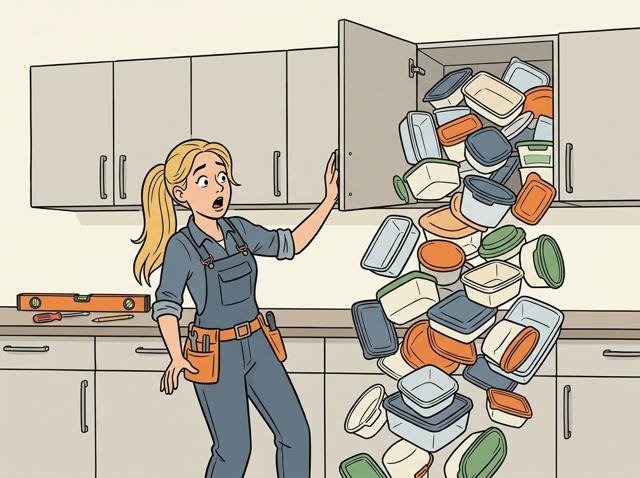 Heimwerker hat alle Schranktüren perfekt eingestellt, öffnet stolz eine – und dahinter purzelt ihm die gesamte Tupperdosen-Sammlung entgegen.