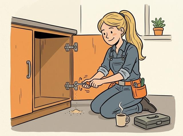 Heimwerker dreht eine Schraube immer und immer weiter in ein Schrankscharnier, sie dreht sich endlos – inzwischen hat er schon eine Tasse Kaffee daneben abgestellt.