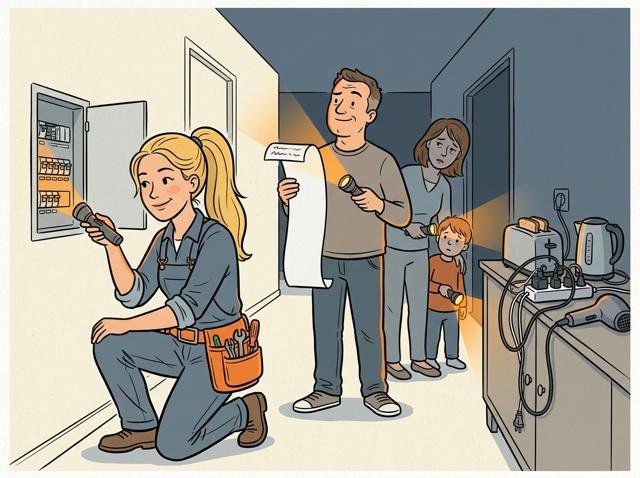 Familie steht mit Taschenlampen im dunklen Flur, der Vater hält stolz eine Liste hoch, während im Hintergrund Toaster, Wasserkocher und Föhn gleichzeitig an einer Mehrfachsteckdose hängen.