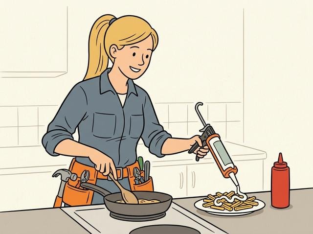 Koch rührt in der Pfanne und drückt dabei versehentlich die Silikonkartusche statt der Ketchupflasche über seine Pommes.