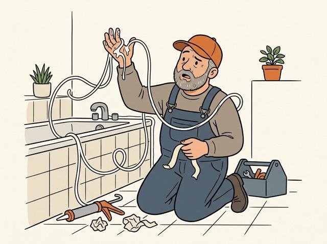 Heimwerker zieht stolz das Abklebeband ab – und hat dabei eine meterlange Silikonschlange an der Hand, die quer durchs Bad hängt.