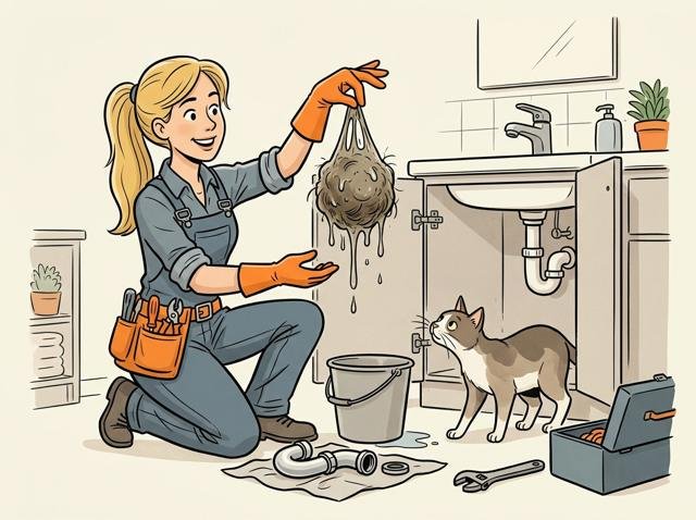 Jemand hält mit Gummihandschuhen und spitzen Fingern einen tropfenden Haarknäuel hoch, der so groß ist, dass die Katze ihn misstrauisch beschnuppert.