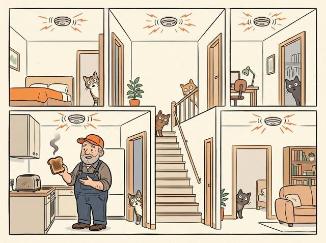 Heimwerker hält ein Toastbrot hoch, aus dem ein kleines Rauchfähnchen steigt, und im ganzen Haus piepen gleichzeitig alle Rauchmelder – in jedem Raum schaut eine überraschte Katze aus der Tür.