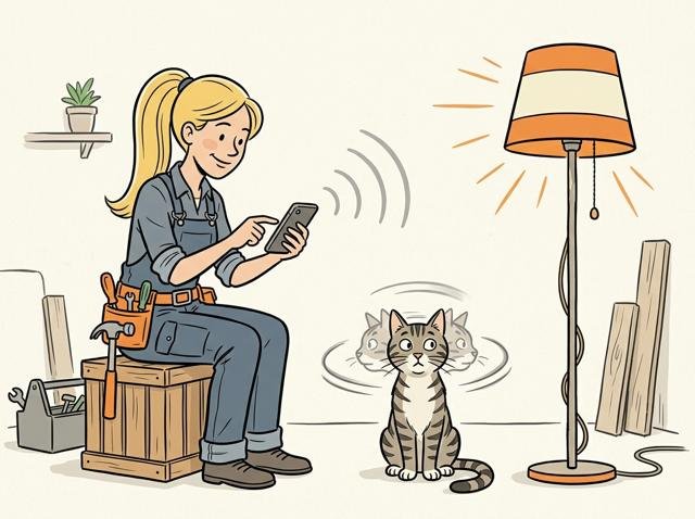 Heimwerkerin schaltet per Handy die Stehlampe ein und aus – die Katze verfolgt das Licht hin und her wie bei einem Tennisspiel, mit dem Kopf links, rechts, links.