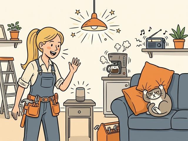 Heimwerkerin ruft dem smarten Lautsprecher fröhlich einen Morgengruß zu, und Licht, Radio und Kaffeemaschine springen gleichzeitig an – nur die Katze auf dem Sofa zieht sich genervt das Kissen über die Ohren.