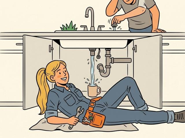 Heimwerker liegt zufrieden unter der Spüle, während oben jemand das volle Becken ablässt und das Wasser fröhlich aus einem vergessenen Anschluss direkt in seinen Kaffeebecher plätschert.