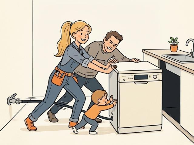 Frisch angeschlossene Spülmaschine steht mitten in der Küche, weil der Schlauch zu kurz ist, und die ganze Familie schiebt sie wie ein Auto in die Nische.