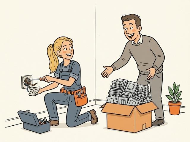 Elektrikerin tauscht die alte Steckdose, während der Heimwerker daneben eine Kiste mit 30 neuen Designer-Schaltern präsentiert, die er „gleich mitbestellt“ hat.