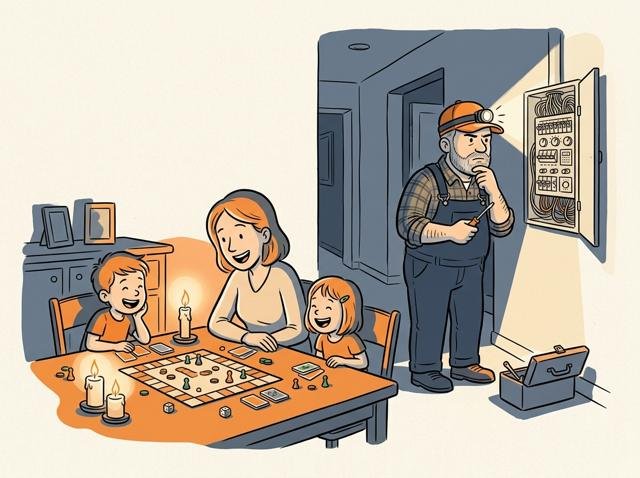 Familie sitzt bei Kerzenschein am Tisch und spielt fröhlich Brettspiele, während der Vater im Hintergrund mit Stirnlampe todernst den Sicherungskasten studiert wie eine Raketensteuerung.