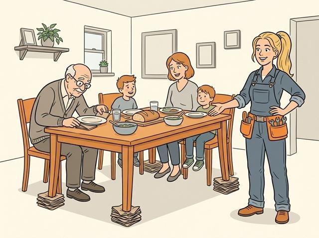 Familie sitzt beim Abendessen, unter jedem einzelnen Tischbein steckt ein gefalteter Bierdeckel, und der Opa legt gerade einen fünften unter seinen Teller.