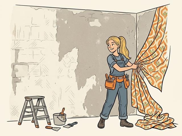 Heimwerker zieht an einer Tapetenecke und hält plötzlich die komplette Wandtapete in einem Stück in den Händen, als hätte er einen Vorhang aufgezogen.