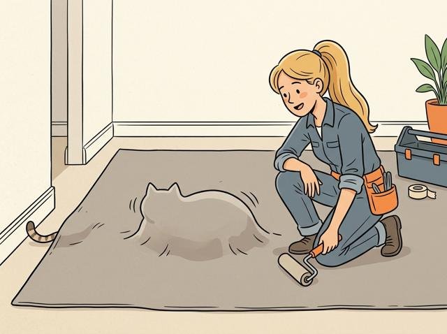 Frisch verlegter Teppich hat in der Mitte eine Beule, und die Beule bewegt sich – die Katze ist darunter.
