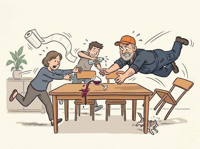 Ein Rotweinglas kippt in Zeitlupe, während die ganze Familie gleichzeitig mit Küchenrolle, Wasserflasche und Hechtsprung herbeistürzt.