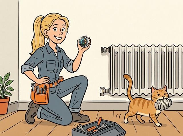 Heimwerker hält stolz den neuen smarten Thermostat in die Kamera, während daneben die Katze den alten Kopf wie eine Trophäe davonträgt.
