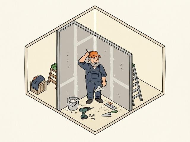 Heimwerker hat eine perfekte neue Trockenbauwand gestellt und merkt erst jetzt, dass er sich selbst in der Ecke ohne Tür eingemauert hat.