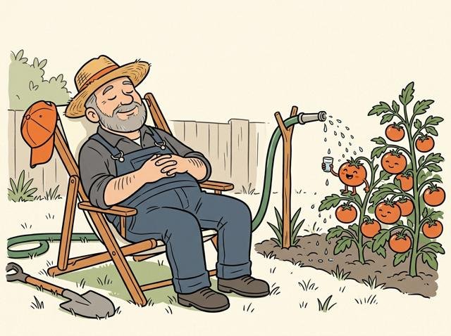 Heimwerker liegt entspannt im Liegestuhl mit Strohhut, während im Beet neben ihm kleine Tropfen aus dem Schlauch die Tomaten gießen – eine Tomate hält sich zufrieden ein winziges Glas hin.