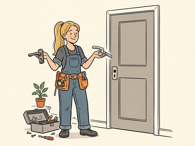 Heimwerkerin hält die alte Türklinke in der einen und die neue in der anderen Hand, während die Tür hinter ihr ins Schloss fällt und sie mit beiden Klinken, aber ohne Tür dasteht.