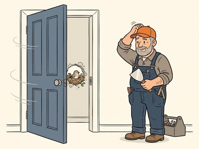 Eine Tür schlägt schwungvoll auf, die Türklinke hat schon ein perfektes Loch in die Wand gestanzt – und darin hat sich ein Vogel ein gemütliches Nest gebaut.