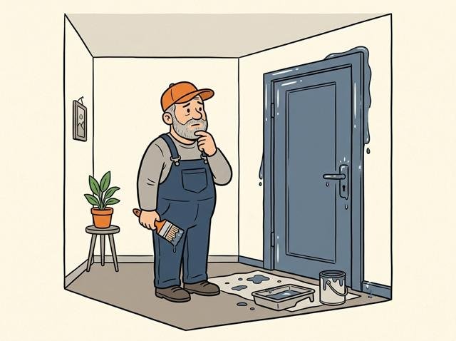 Heimwerker hat die Türzarge frisch lackiert und steht nun eingesperrt im Zimmer, weil er sich nicht traut, die frisch gestrichene Tür anzufassen.