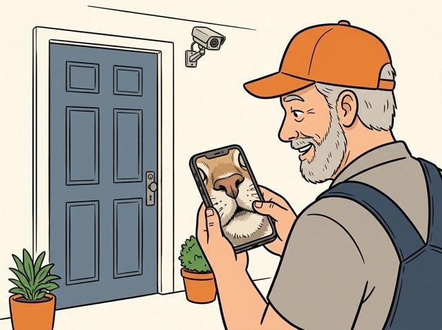 Heimwerker hat eine Kamera über der Haustür montiert und schaut sich stolz auf dem Handy die erste Aufnahme an – zu sehen ist nur in Großaufnahme die Nase einer neugierigen Nachbarskatze.