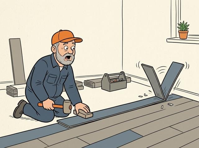 Heimwerker klopft eine Vinyldiele ein, und am anderen Ende des Raums springt eine andere Diele aus der Reihe wie ein Klappmesser.