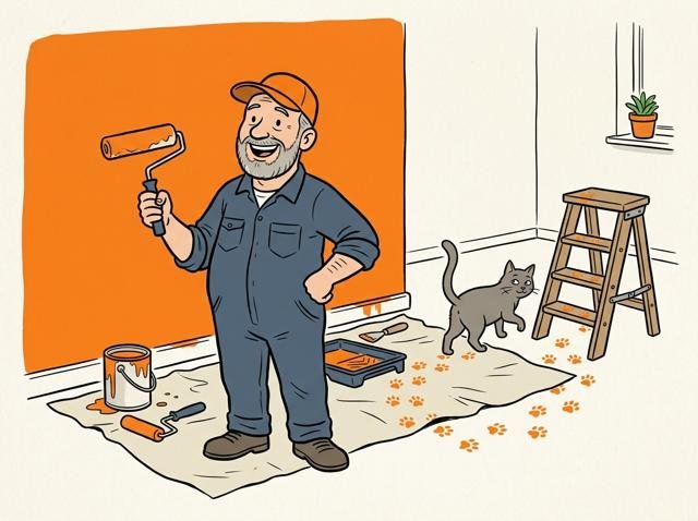 Heimwerker steht zufrieden vor frisch gestrichener Wand, die Katze schleicht mit farbigen Pfotenabdrücken über die Abdeckfolie davon.