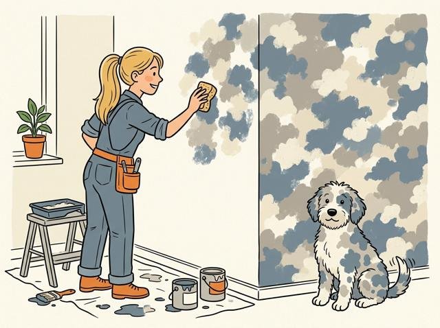 Heimwerker tupft mit Hingabe eine Wolkenlasur an die Wand, und der Hund im Hintergrund hat sich zufällig mit demselben Muster getarnt.