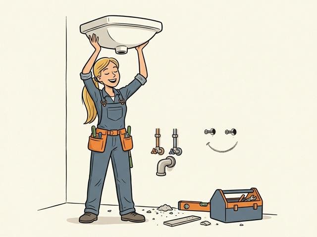 Ein Heimwerker hält ein neues Waschbecken wie eine Krone hoch, während hinter ihm die alten Wandlöcher genau zwanzig Zentimeter daneben grinsen.