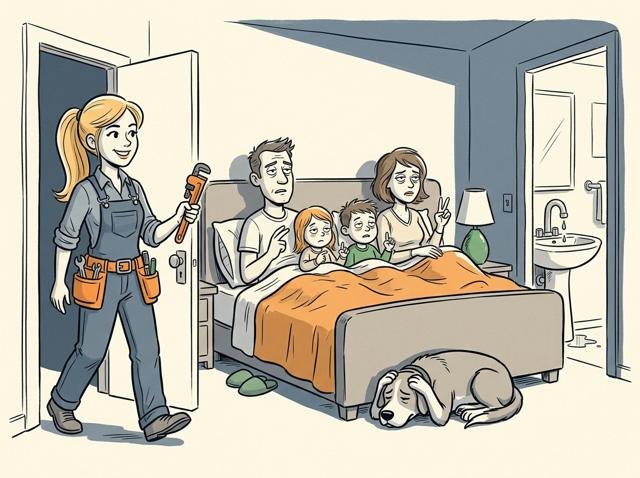 Eine ganze Familie sitzt nachts hellwach im Bett und zählt im Takt eines tropfenden Wasserhahns mit, der Hund hält sich die Ohren zu.