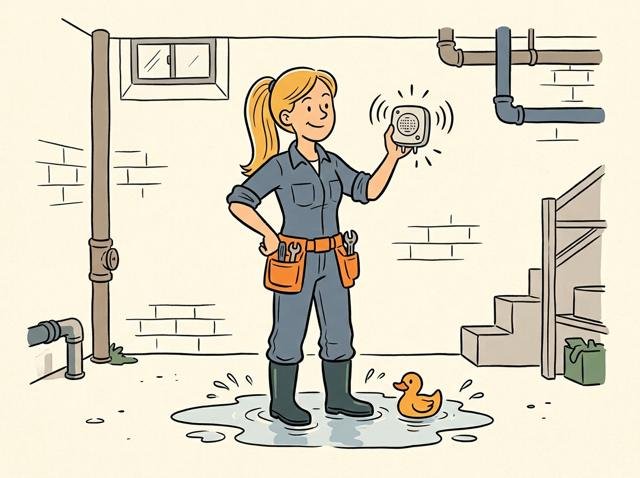 Heimwerkerin steht im Keller mit Gummistiefeln in einer kleinen Pfütze und hält stolz den piepsenden Wassermelder hoch – daneben paddelt eine Quietscheente vorbei.