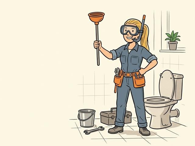 Heimwerkerin steht in ihrem Arbeitsoverall, aber mit Taucherbrille und Schnorchel vor der Toilette und hält den Pümpel wie ein Zepter.