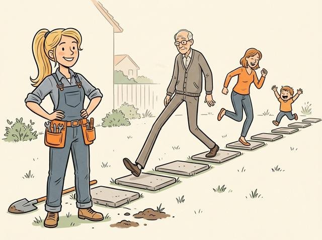 Heimwerker hat einen schnurgeraden Trittsteinweg gelegt – die Familie hüpft fröhlich darüber, nur der Opa mit seinen langen Beinen muss jeden zweiten Stein überspringen.