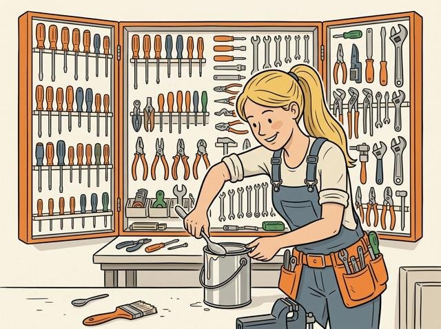 Riesiger, perfekt sortierter Werkzeugschrank mit hunderten Spezialwerkzeugen – und der Besitzer öffnet gerade eine Dose mit einem Löffelstiel als Schraubendreher.
