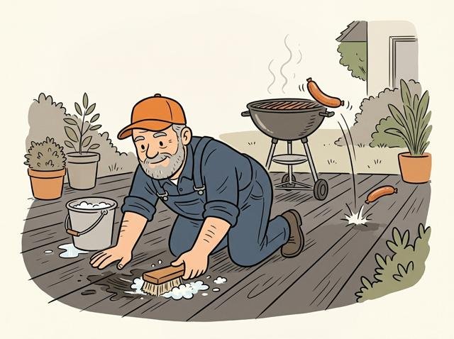 Heimwerker schrubbt eifrig einen Grillfleck auf der WPC-Terrasse, während hinter ihm schon das nächste Würstchen vom Grill auf die Dielen hüpft.