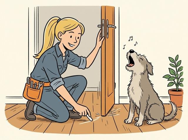 Tür schleift so laut über den Boden, dass der Hund jedes Mal begeistert mitsingt, während der Heimwerker mit Kreide die Ursache sucht.