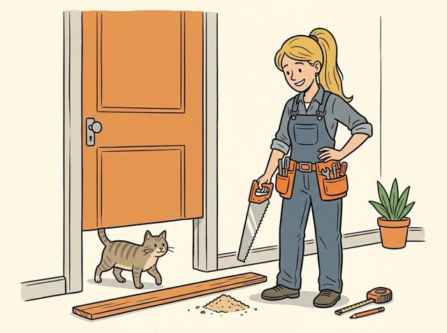 Heimwerker hat die Tür gekürzt und stellt fest, dass sie nun perfekt über den Boden gleitet – nur die Katze spaziert jetzt unten durch den Spalt ein und aus.